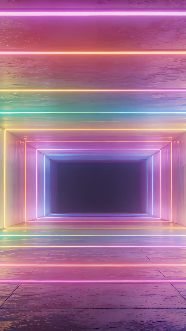 Vertical video: LEDs pulsing nested neon frames and bands cycling in gallery creating ambient glow