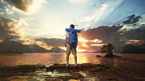 full body back view of a male hiker with mountaineering backpack looking around at a lake