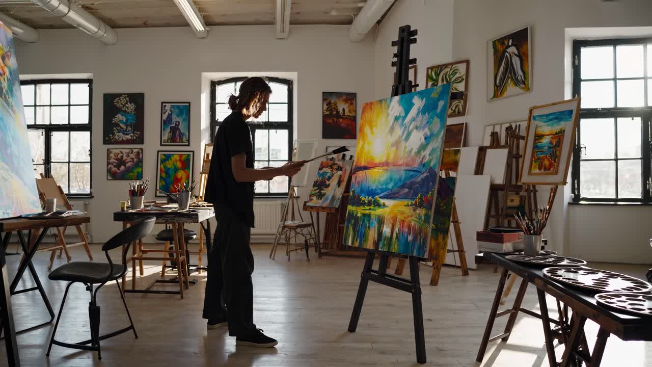 Artista pintando em um estúdio iluminado pelo sol, capturado de um ângulo lateral