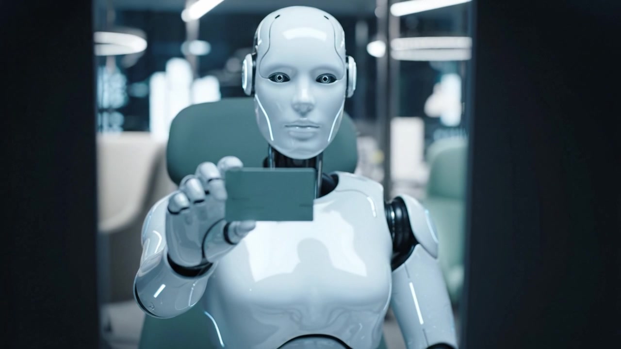 Un robot humanoide futurista exhibiendo una tarjeta elegante, destacando los avances en tecnología, inteligencia artificial y sus posibles aplicaciones en diversas industrias
