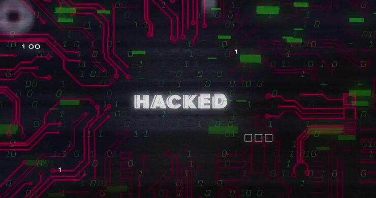 Animation d'un effet de glitch sur du texte piraté, un motif de carte de circuit imprimé et des codes binaires sur des barres