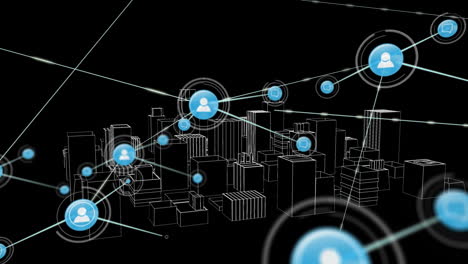 animation of network of connections with icons over 3d architectural drawing of city in background