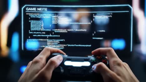 an enthusiastic gamer engages in exciting gameplay, immersed in vivid visuals and intricate code on an interactive screen, ready for challenge and adventure
