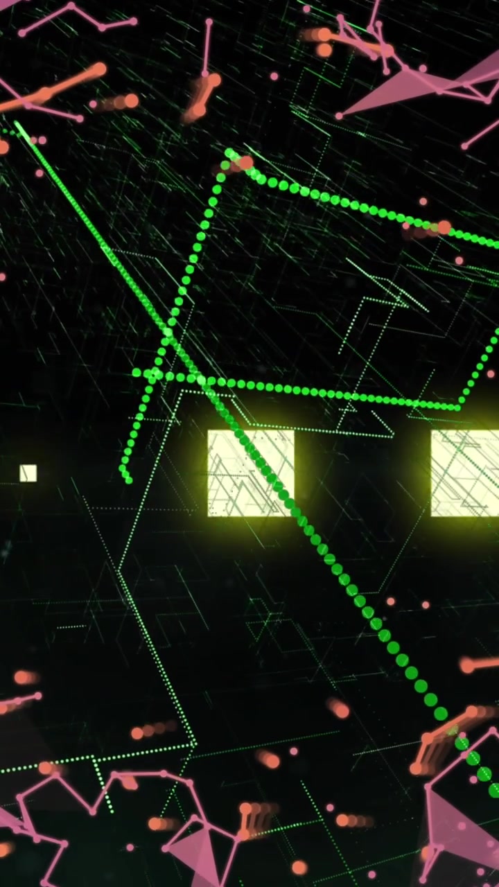 Animation of neon green sqaure shapes, light trails and network of connections on black background
