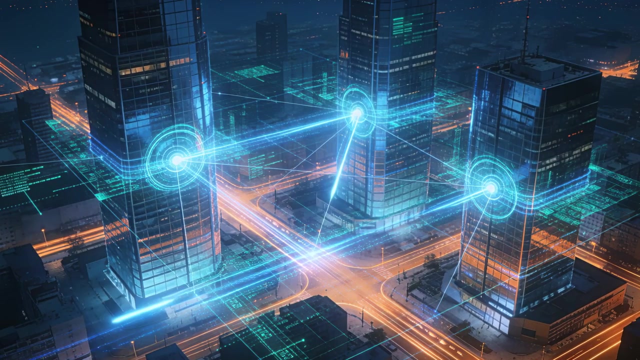 Cyanfarbene Daten entstehen aus Lichtspuren, während drei Türme über pulsierende Lichtstrahlen über einer Stadtkreuzung miteinander verbunden sind.
