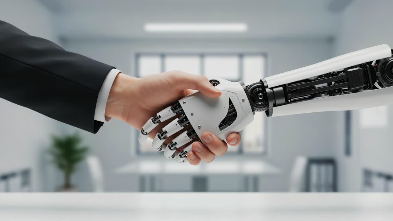 A Collaborative Future: A Human Hand Shaking with a Robot Hand in a Modern Office, Symbolizing the Union of Technology and Humanity