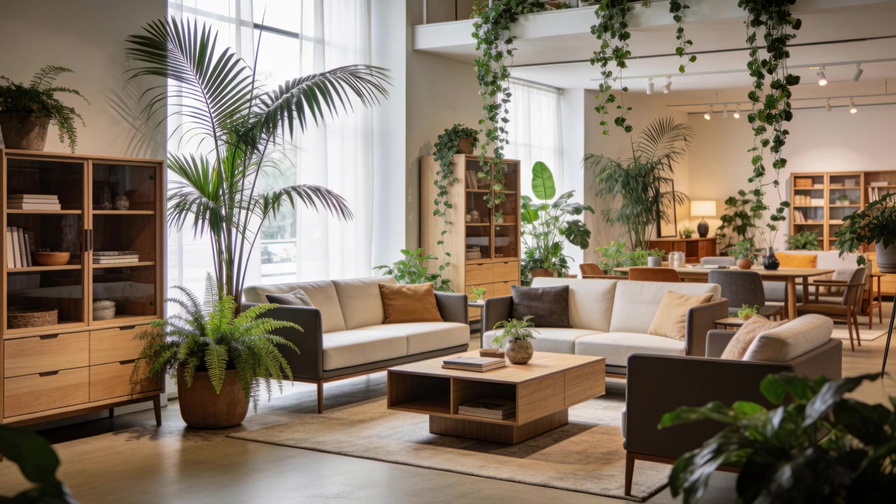A luz do sol que se move da janela, acariciando as plantas no loft, e a luz se espalha por dois sofás e uma mesa de centro.