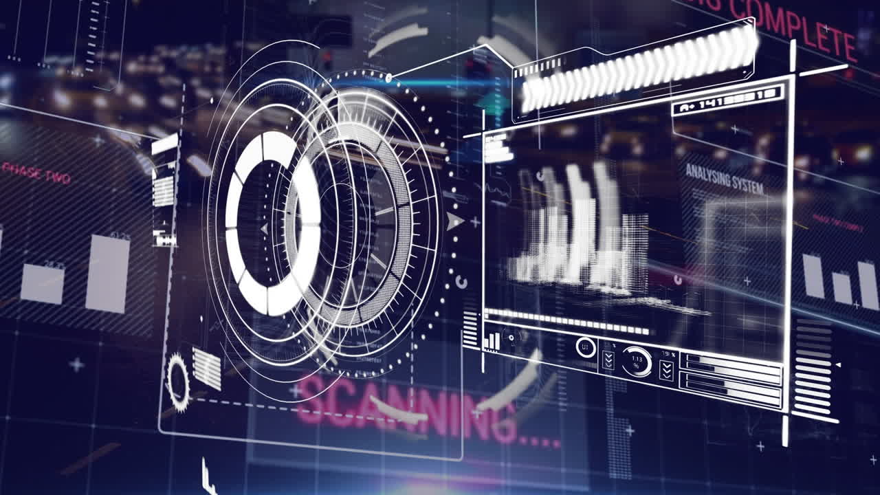 밤의 도로 교통을 통해 디지털 화면에서 금융 그래프의 애니메이션과 데이터 처리