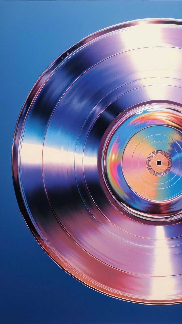 Close-up of a reflective vinyl record against a blue background, capturing vibrant colors