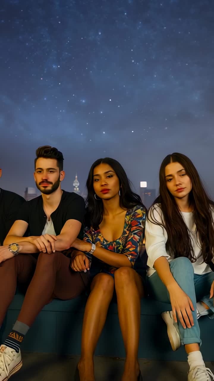 Video verticale: videocamera che riprende amici che cambiano posa su un divano su un tetto sotto le stelle, con le luci della città