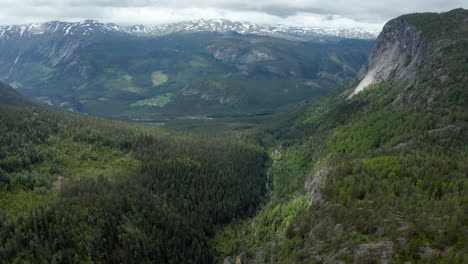 Vista-Aérea-Sobre-Un-Cañón-Y-Un-Valle,-En-Setesdal,-Sur-De-Noruega---Inclinación,-Disparo-De-Drones