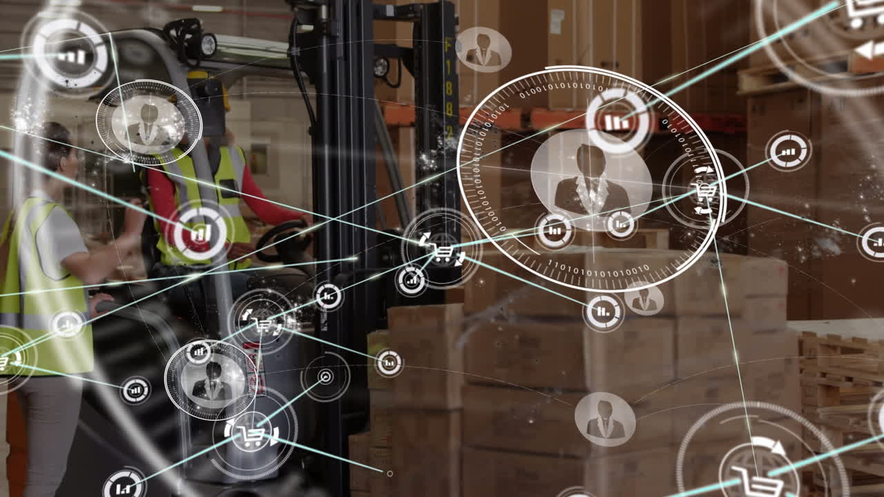 Animation of network of connections with icons over people working in warehouse
