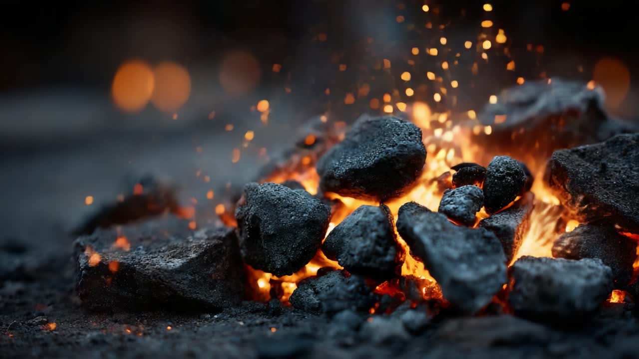 A Close-Up Journey Through Glowing Embers and Sparkling Ashes: An Immersive Scenes of Fire's Intense Beauty Highlighting the Dance of Flames and Rocks