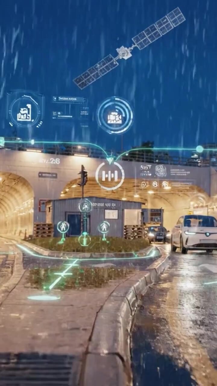 Tunnel urbano piovoso di notte con elementi high-tech che mostrano un ambiente futuristico e sistemi di gestione del traffico intelligenti in azione.