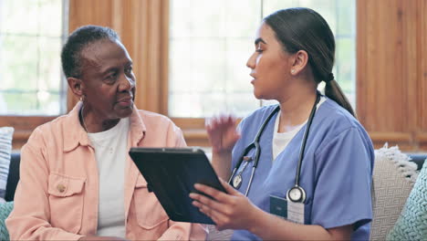 Woman,-doctor-and-tablet-in-elderly-care-support