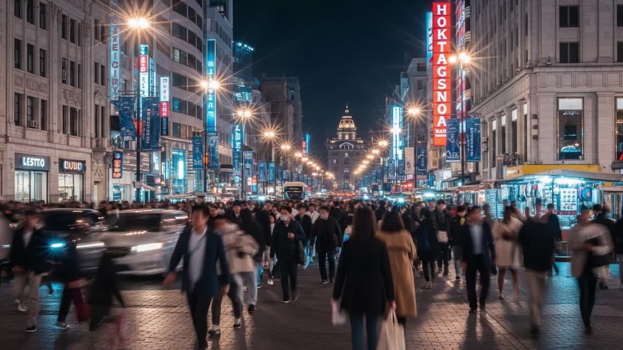 Bustling City Street at Night with Blurred Crowds