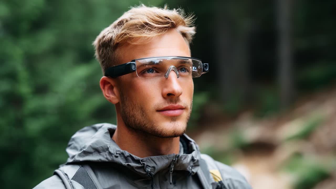 A young man outdoors wearing smart glasses, contemplating his surroundings in a lush forest setting, embodying adventure and technology in harmony with nature