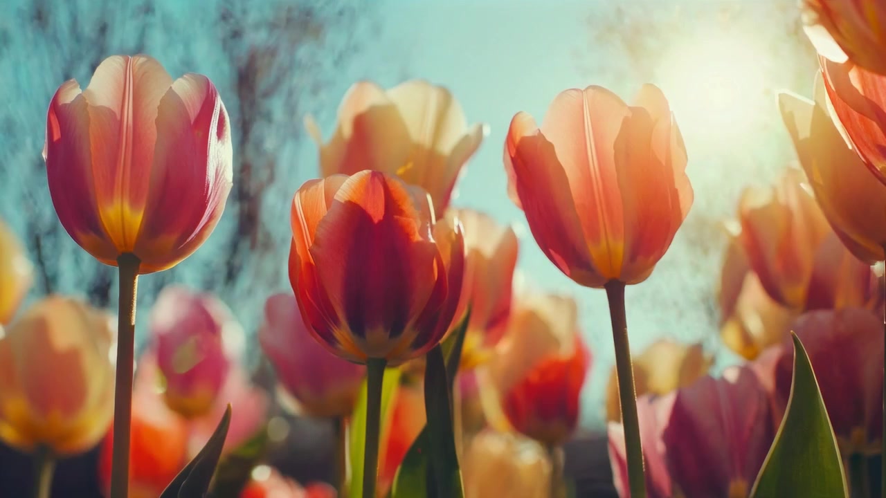 Levendige tulpen bloeiend in de zon tegen een blauwe lucht