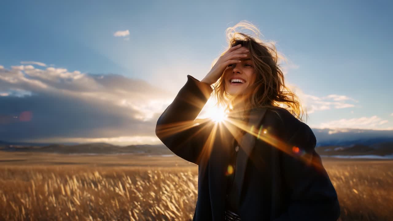 A Radiant Woman Laughs in a Sunlit Field, Embracing Nature's Beauty and Freedom, Captured in a Moment Filled with Joy and Serenity Against a Vibrant Backdrop