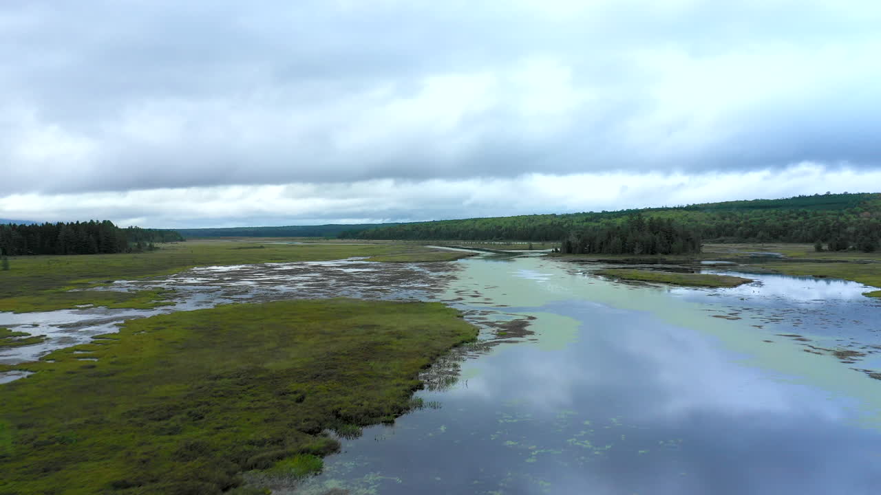 Aerial shot low over the calm, murky waters of Shirley Bog winding through the Maine countryside surrounded by dark forest under cloudy skies