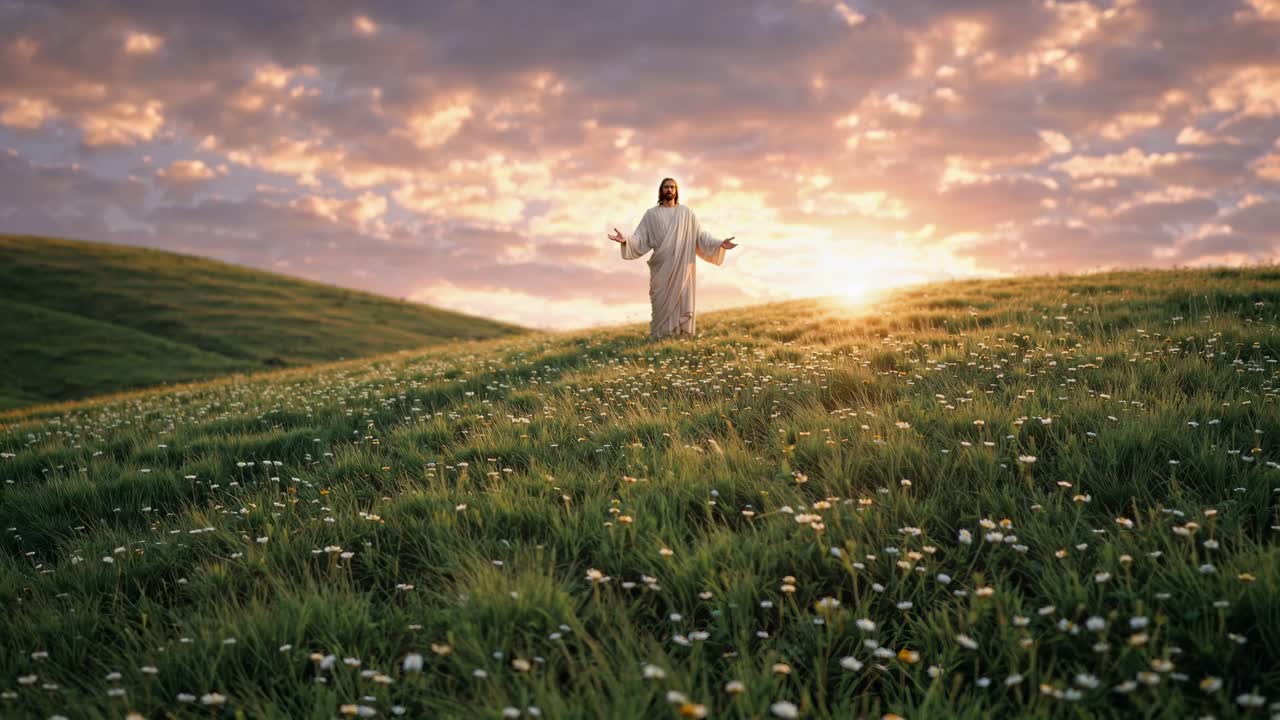 A serene video scene with a low-angle view of a figure in white on a grassy hill at sunset