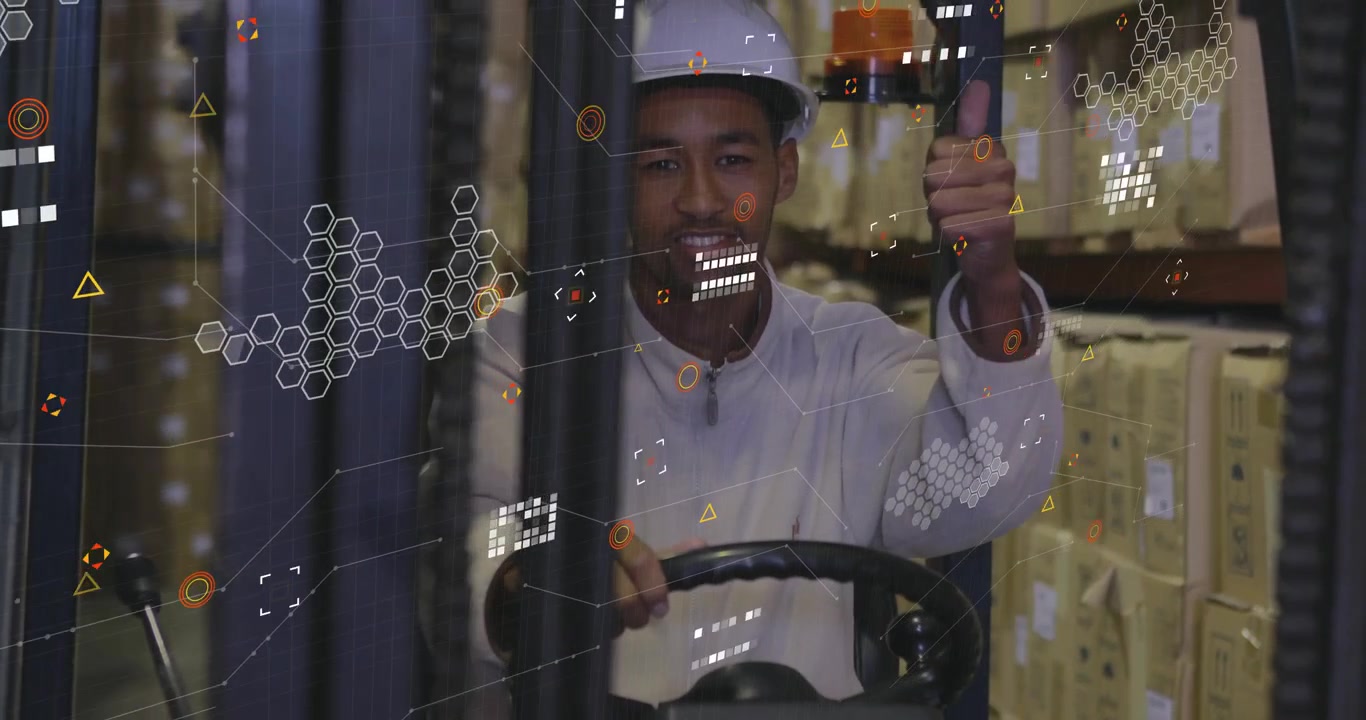 Digital interface graphics overlaying warehouse forklift operator steering aisle, giving thumbs up