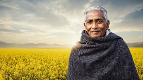 elderly farmer with grey hair and mustache smiling warmly in a vibrant canola field during sunset, wearing a dark poncho, with majestic mountains rising in the background