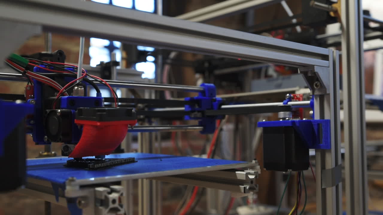 Low angle close-up view of two 3D printers in a school makerspace printing student CAD designs