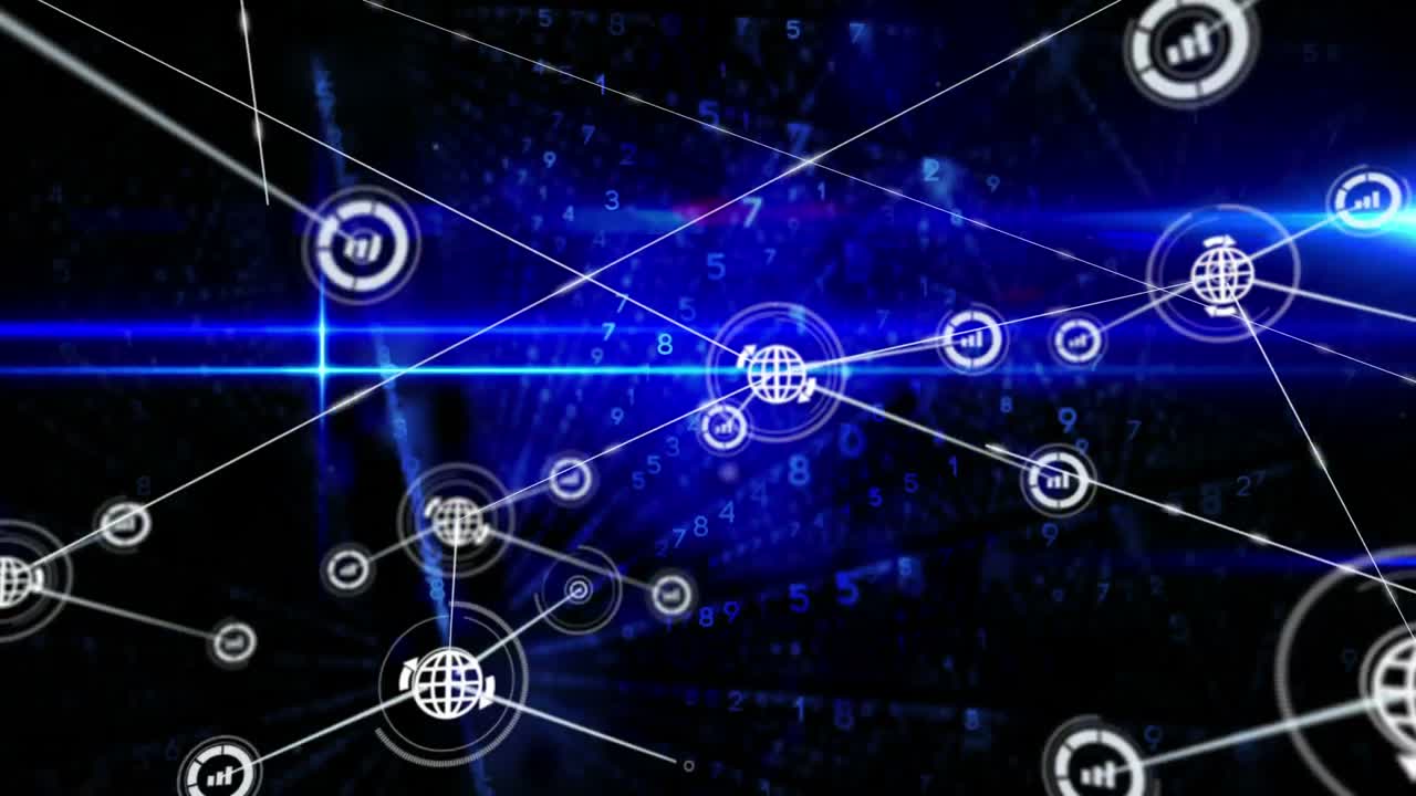 conectores en movimiento y datos digitales en fondo negro