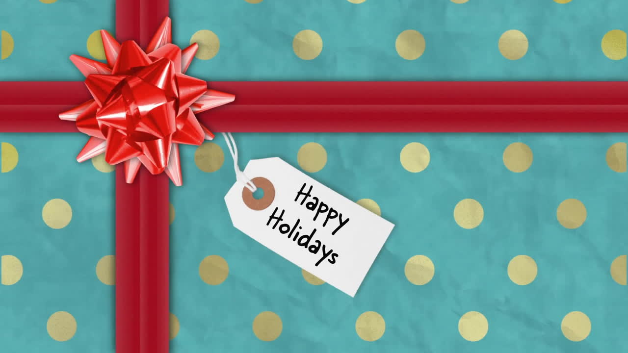Red ribbon and bow with Happy Holidays tag animation over polka dot background