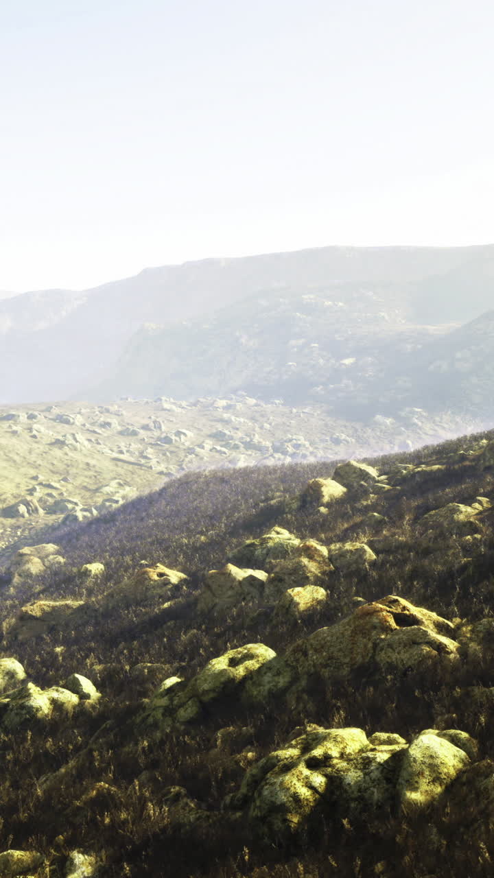 Vast rocky hills landscape under bright sky with mountains in the distance