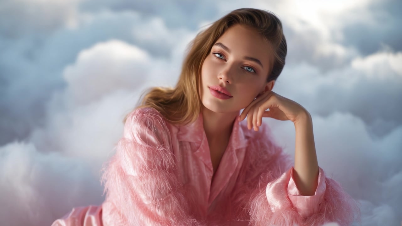 夢のような雲に満ちた背景を背に、ふわふわのピンクのローブをまとった若い女性の穏やかなポートレート。美しさと静けさを醸し出し、優雅さと快適さを捉えている。