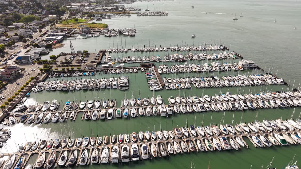 Aerial View of Sausalito Harbor Marina and Bay, California USA. Revealing Drone Shot