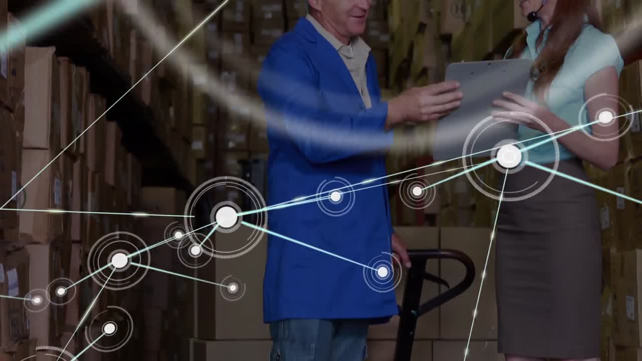 Animation of network of connections over male and female supervisor discussing at a warehouse