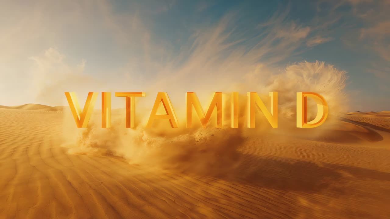 Revealing VITAMIN D letters on desert sand, gust kicking dust, camera pulling back to reveal dunes