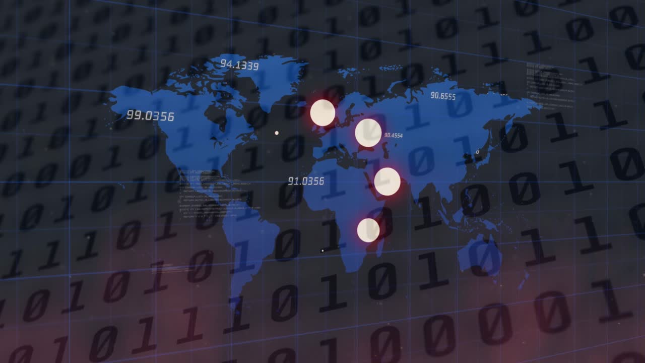 animación de círculos de carga iconos y codificación binaria, números que cambian en el mapa del mundo