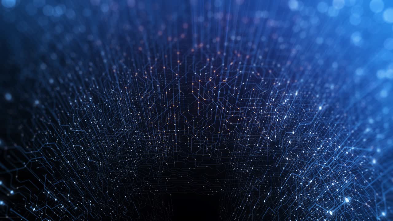 placa de circuitos abstractos. tecnología de hardware de computadoras electrónicas. chip digital de placa base. cuadrícula de partículas de matriz realidad virtual. comunicación de red. cpu de información. renderizado 3d, bucle sin costuras 4k