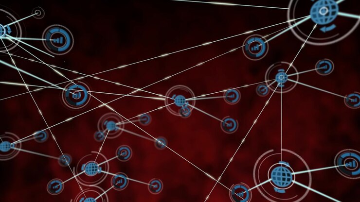 Animation of network of connections with icons over black background