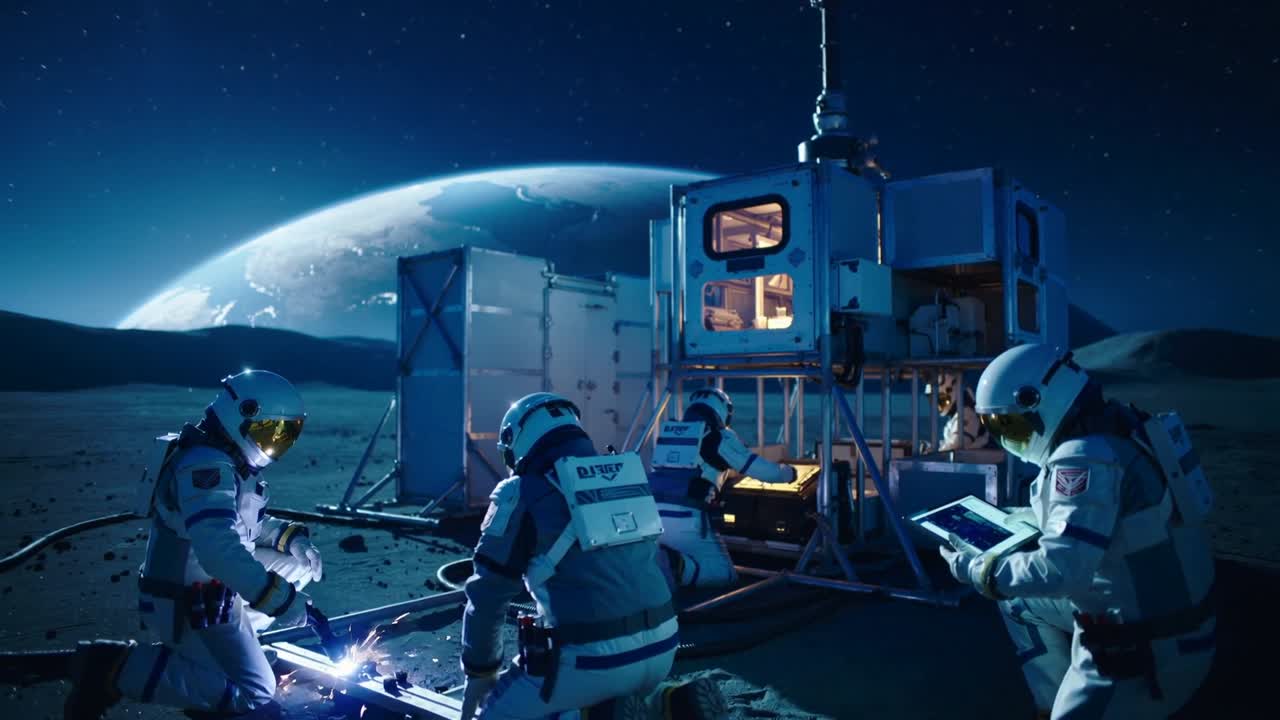 Torcia scintillante, membro dell'equipaggio inginocchiato in tuta che taglia un tubo su una pianura lunare, monitorando i sistemi dell'habitat.