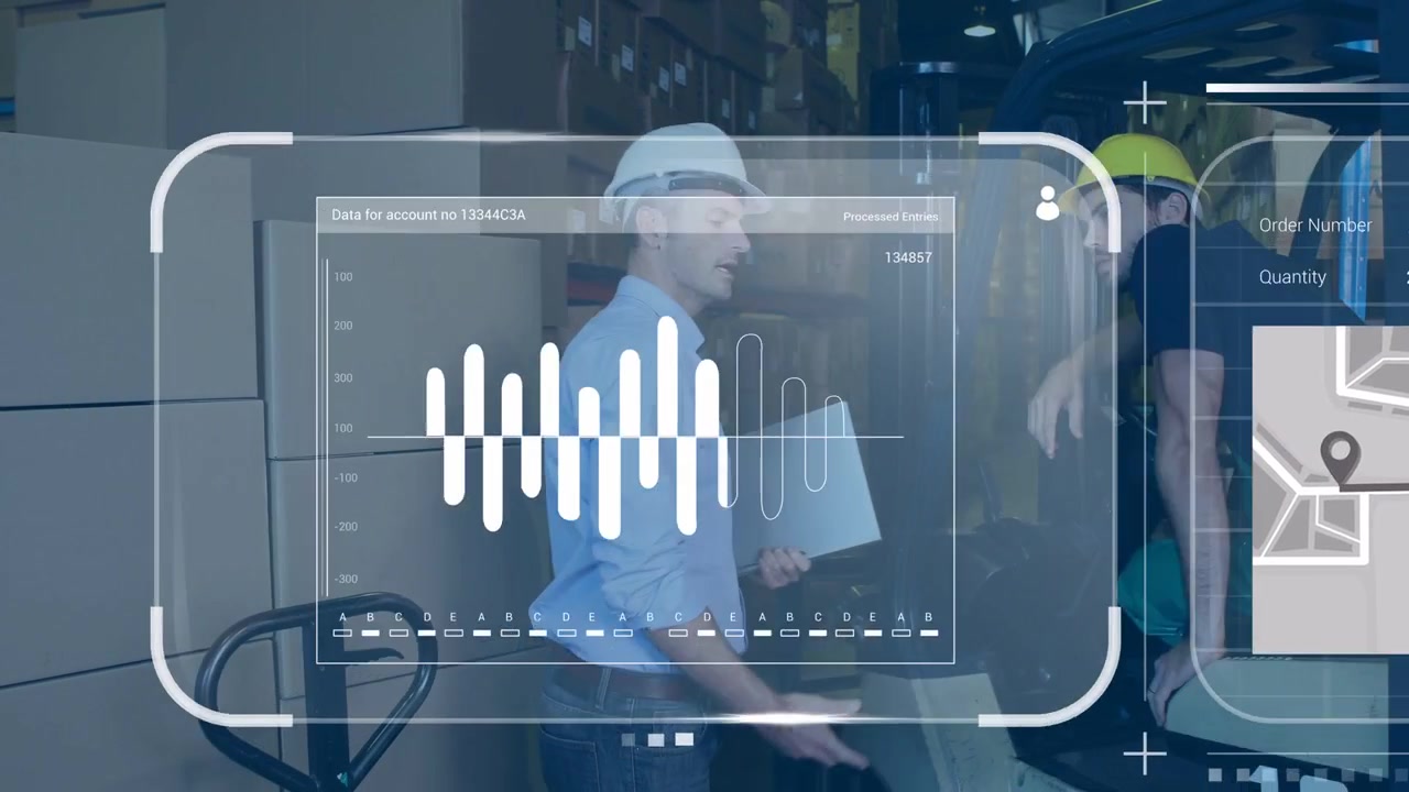 White-hat entering aisle activating AR logistics UI overlaying map calendar charts confirming order