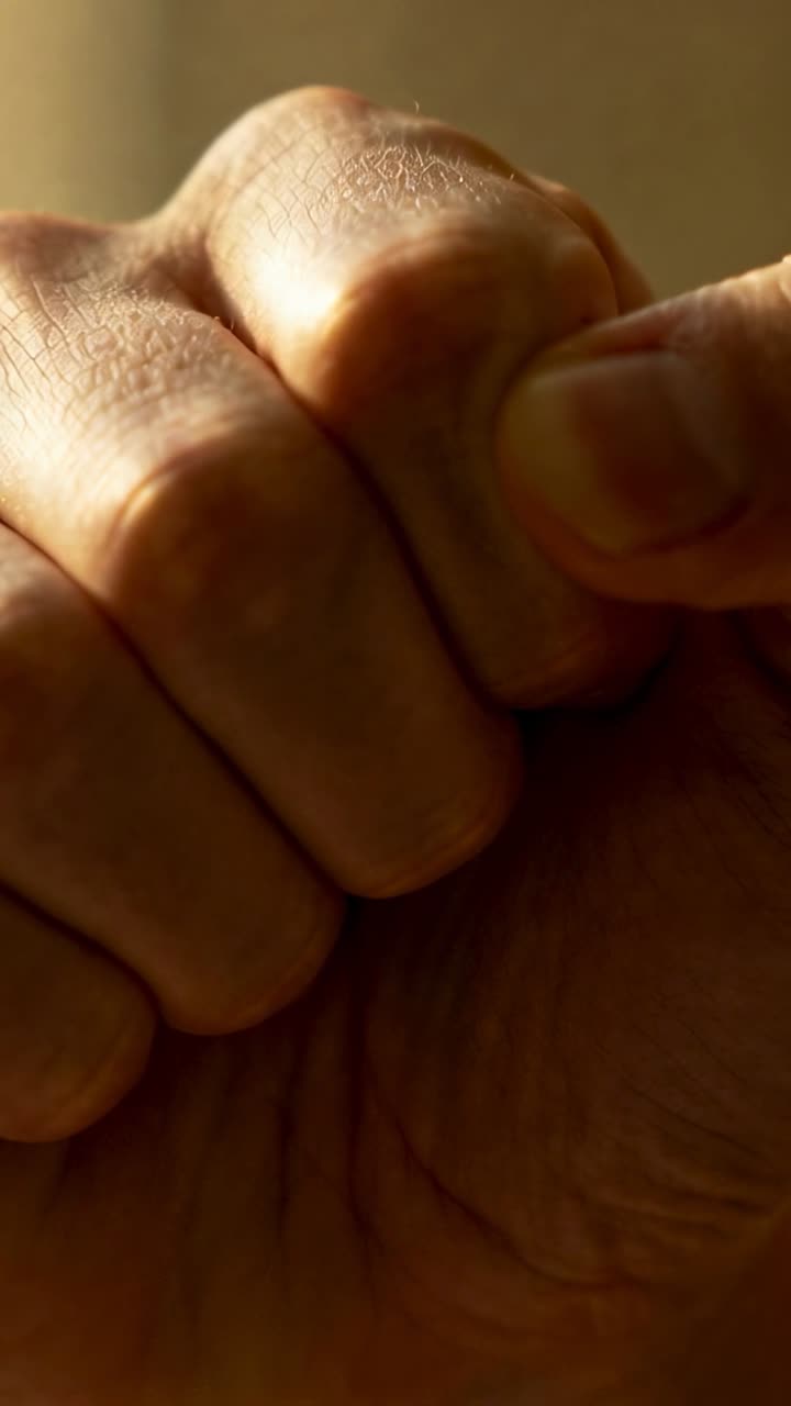 Mão adulta formando um punho solto, pressionando o polegar ao longo dos nós dos dedos, mostrando as dobras da pele para estudo de saúde.