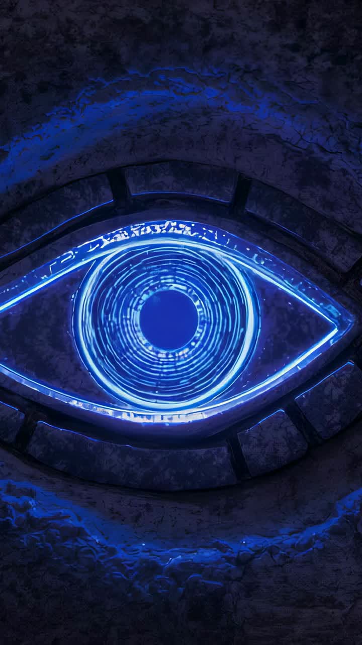 Vertical video: Starting neon-blue eye pulsing rings blinking eyelid arc on cracked surface