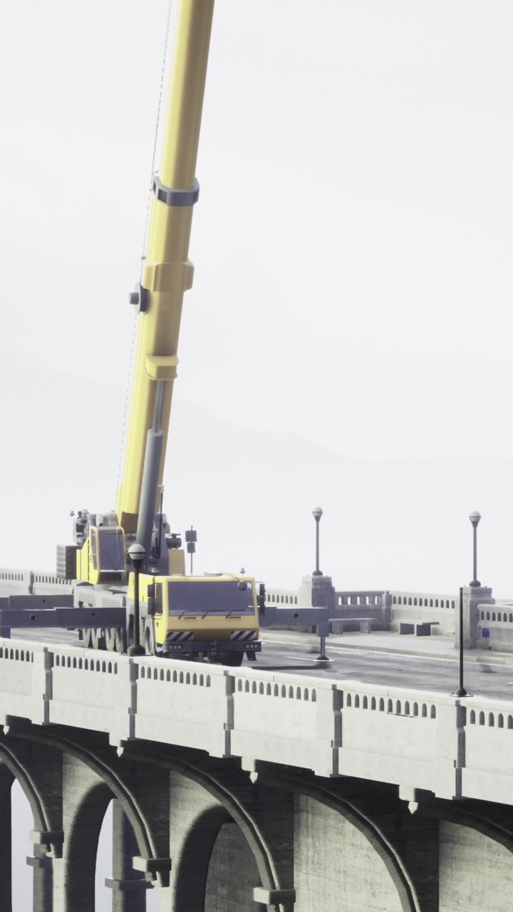 Baumaschinen arbeiten auf einer Brücke unter bedecktem Himmel