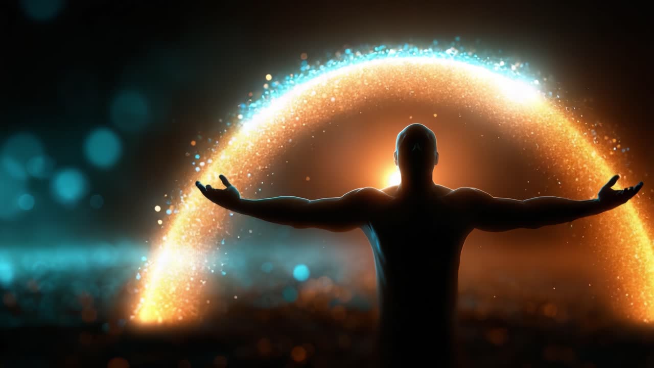 A solitary figure stands against a vibrant backdrop, arms outstretched, as an enchanting arc of sparkling particles dances through the air, symbolizing energy and life