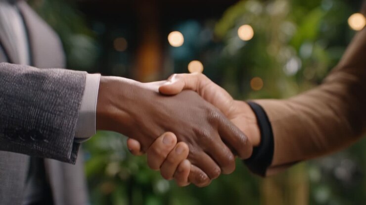 A Symbolic Handshake Between Two Individuals, Representing Agreement, Collaboration, and the Bond of Trust Formed in a Professional Setting Surrounded by Nature