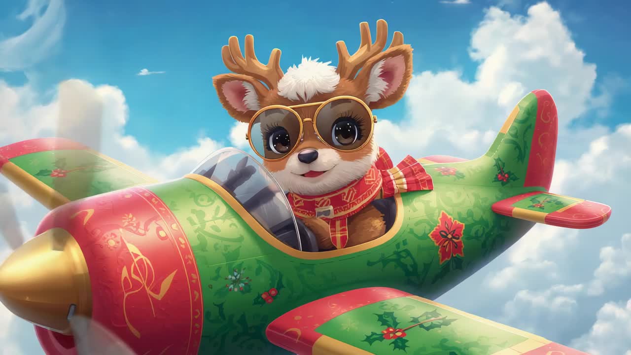 Flying reindeer steering plane in blue sky with spinning prop lifting shades waving scarf to greet
