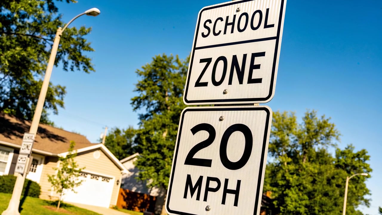 La cámara comienza a acercarse a una señal de zona escolar que indica 20 MPH en una calle suburbana mostrando el límite