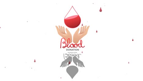 Animation-of-blood-donation-text-with-hands-and-droplet-logo,-shadow-and-drips-on-white-background