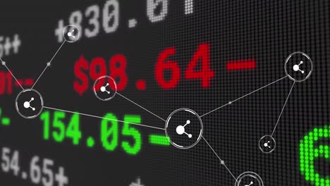 animation of network of conncetions with icons over stock market