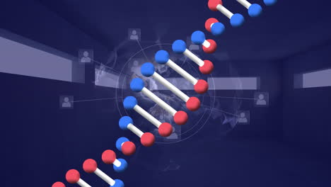 어두운 파란색 배경에 회전하는 dna 사슬과 연결 네트워크의 애니메이션